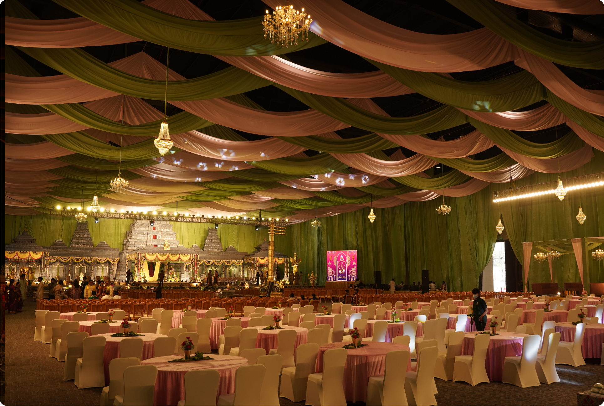 Interior view of Eventara's main hall with draped ceiling and traditional decor