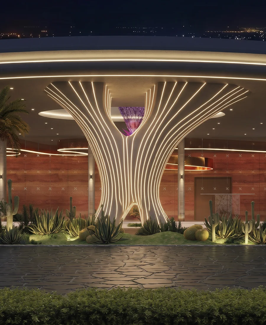 Eventara arrival court beneath the faceted skylight