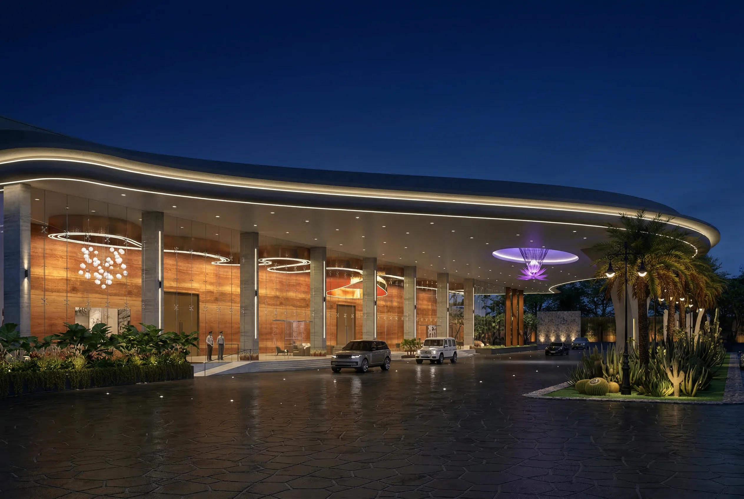 Wide exterior view of Eventara at golden hour