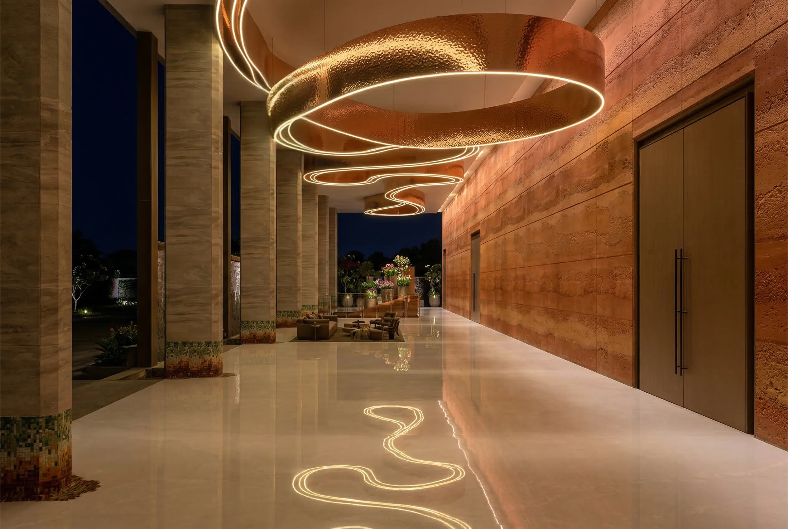 Curving Eventara portico drive at sunset