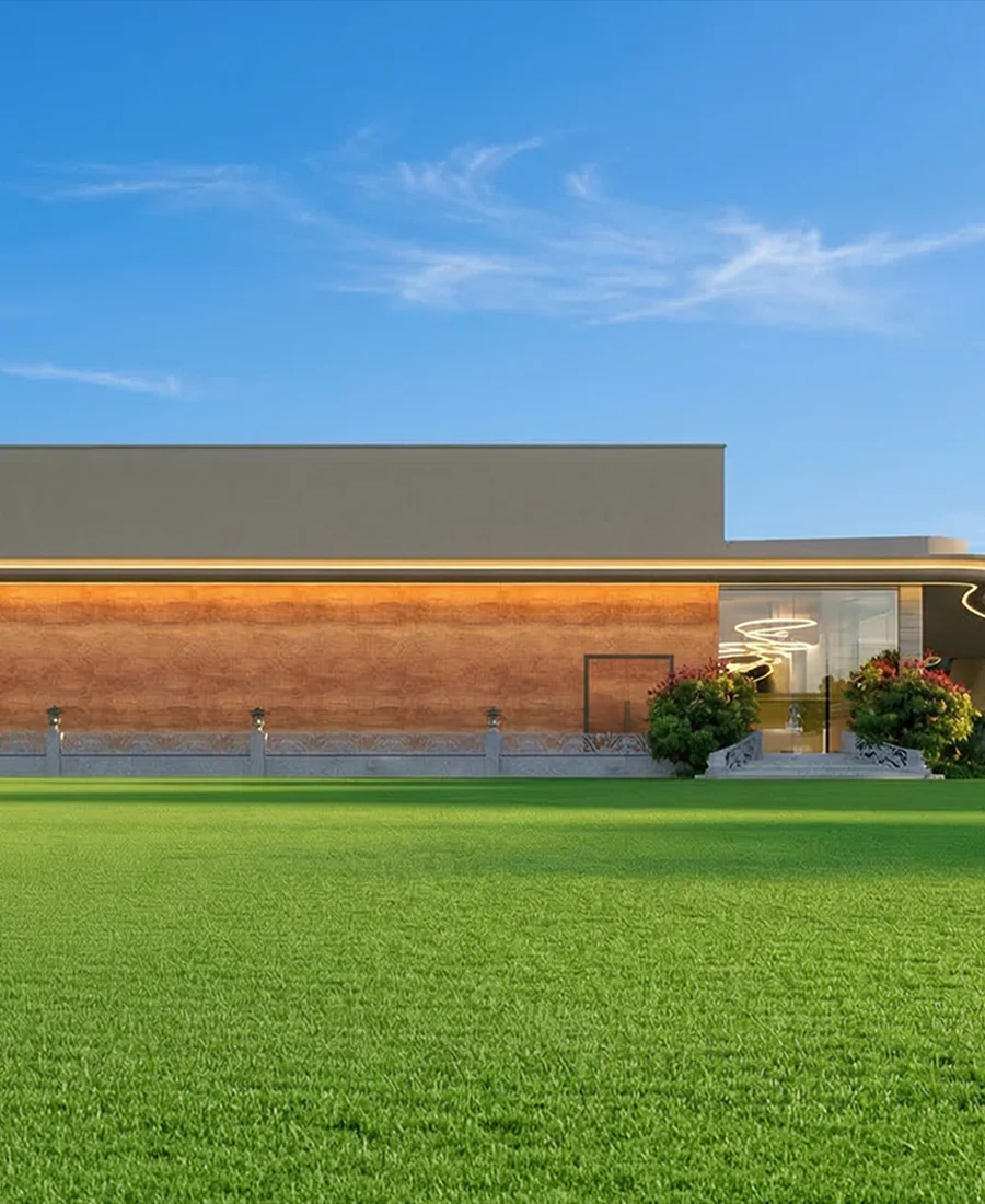 Portrait view of Eventara's lawn edge and side facade